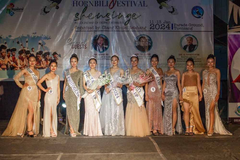 Winners of the Miss Chang 2024 along with others contestants during the contest held at the Parade Ground, Tuensang town on January 12. (Morung Photo)